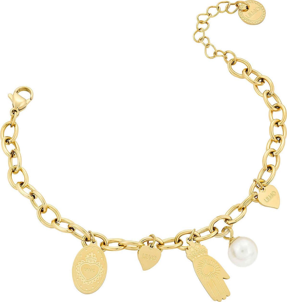 Bracciale Donna LIU JO Placcato Oro con Charms Mano Cuori Perla Bianca Braccialetto per lei Accessorio Gold in Bracciali E B Gioielli - Siderno, commercioVirtuoso.it