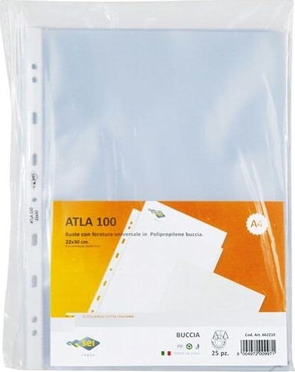 Buste forate Atla - medium - buccia - 22 x 30 cm - trasparente - Sei Rota - conf. 25 pezzi Cancelleria e prodotti per ufficio/Archivio ufficio e accessori per scrivania/Raccoglitori e accessori per raccoglitori/Buste a perforazione universale Eurocartuccia - Pavullo, Commerciovirtuoso.it
