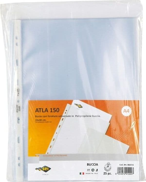 Buste forate Atla - pesante - buccia - 23 x 33 cm - trasparente - Sei Rota - conf. 25 pezzi Cancelleria e prodotti per ufficio/Archivio ufficio e accessori per scrivania/Raccoglitori e accessori per raccoglitori/Buste a perforazione universale Eurocartuccia - Pavullo, Commerciovirtuoso.it