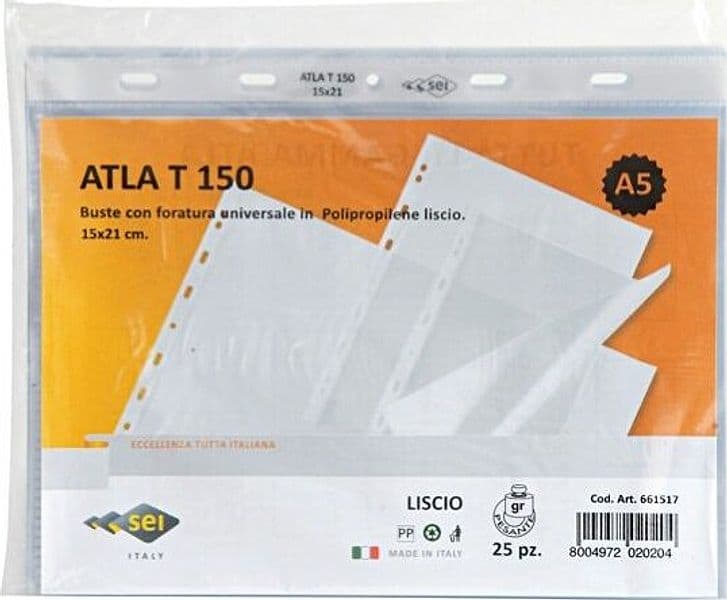 Buste forate Atla T - pesante - liscio - 15x21 cm - trasparente - Sei Rota - conf. 25 pezzi Cancelleria e prodotti per ufficio/Archivio ufficio e accessori per scrivania/Raccoglitori e accessori per raccoglitori/Buste a perforazione universale Eurocartuccia - Pavullo, Commerciovirtuoso.it