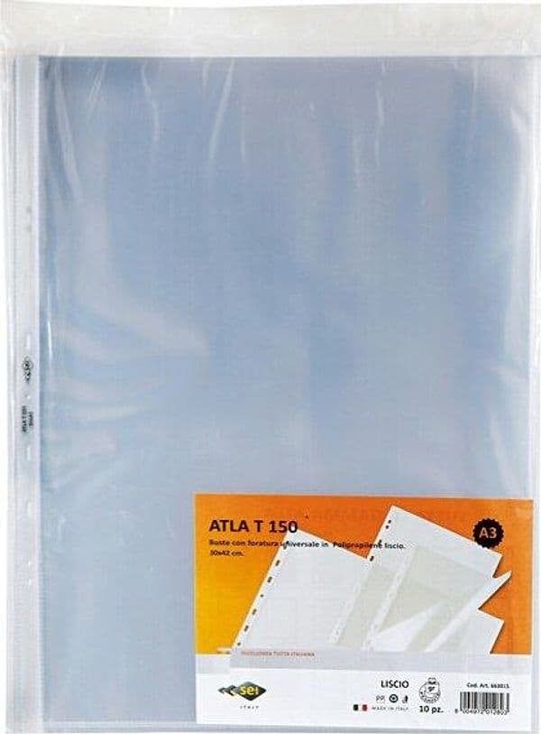 Buste forate Atla T - pesante - liscio - 30 x 42 cm (libro) - trasparente - Sei Rota - conf. 10 pezzi Cancelleria e prodotti per ufficio/Archivio ufficio e accessori per scrivania/Raccoglitori e accessori per raccoglitori/Buste a perforazione universale Eurocartuccia - Pavullo, Commerciovirtuoso.it