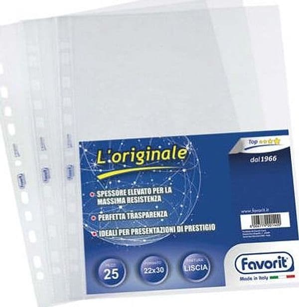 Buste forate L'Originale - Top - liscio - 22x30 cm - trasparente - Favorit - conf. 25 pezzi Cancelleria e prodotti per ufficio/Archivio ufficio e accessori per scrivania/Raccoglitori e accessori per raccoglitori/Buste a perforazione universale Eurocartuccia - Pavullo, Commerciovirtuoso.it