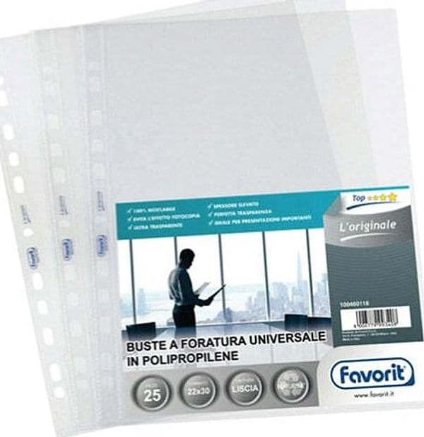 Buste forate L'Originale - Top - liscio - 30x42 cm (libro) - trasparente - Favorit - conf. 10 pezzi Cancelleria e prodotti per ufficio/Archivio ufficio e accessori per scrivania/Raccoglitori e accessori per raccoglitori/Buste a perforazione universale Eurocartuccia - Pavullo, Commerciovirtuoso.it
