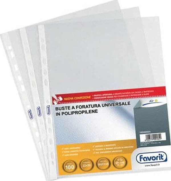 Buste forate Special PP - Air - buccia - 22x30 cm - trasparente - Favorit - conf. 100 pezzi Cancelleria e prodotti per ufficio/Archivio ufficio e accessori per scrivania/Raccoglitori e accessori per raccoglitori/Buste a perforazione universale Eurocartuccia - Pavullo, Commerciovirtuoso.it