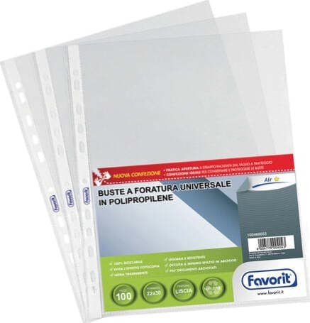 Buste forate Special PP - Air - liscio - 22x30 cm - trasparente - Favorit - conf. 100 pezzi Cancelleria e prodotti per ufficio/Archivio ufficio e accessori per scrivania/Raccoglitori e accessori per raccoglitori/Buste a perforazione universale Eurocartuccia - Pavullo, Commerciovirtuoso.it