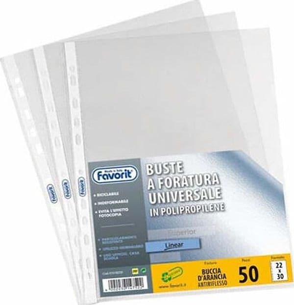 Buste forate Special PP - Linear - buccia - 22x30 cm - trasparente - Favorit - conf. 50 pezzi Cancelleria e prodotti per ufficio/Archivio ufficio e accessori per scrivania/Raccoglitori e accessori per raccoglitori/Buste a perforazione universale Eurocartuccia - Pavullo, Commerciovirtuoso.it