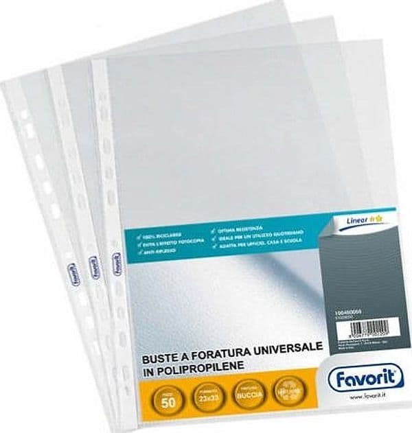 Buste forate Special PP - Linear - buccia - 23x33 cm - trasparente - Favorit - conf. 50 pezzi Cancelleria e prodotti per ufficio/Archivio ufficio e accessori per scrivania/Raccoglitori e accessori per raccoglitori/Buste a perforazione universale Eurocartuccia - Pavullo, Commerciovirtuoso.it