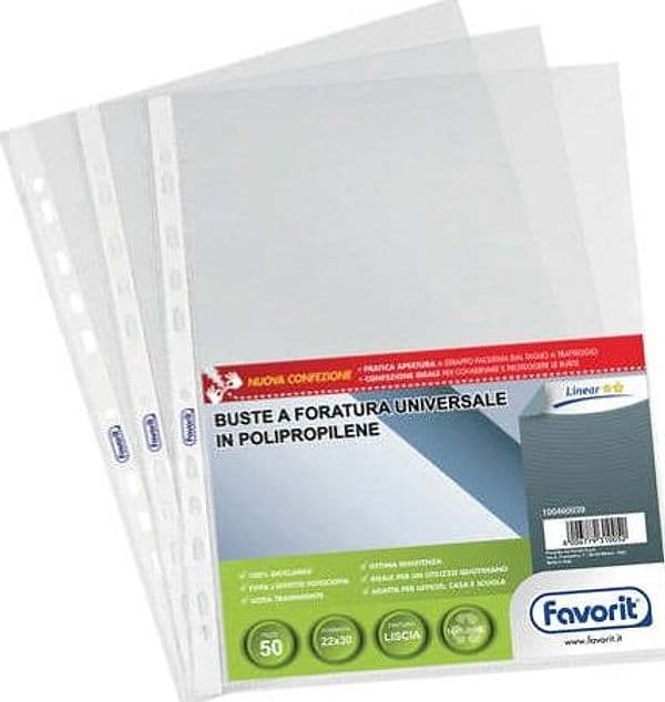 Buste forate Special PP - Linear - liscio - 22x30 cm - trasparente - Favorit - conf. 50 pezzi Cancelleria e prodotti per ufficio/Archivio ufficio e accessori per scrivania/Raccoglitori e accessori per raccoglitori/Buste a perforazione universale Eurocartuccia - Pavullo, Commerciovirtuoso.it
