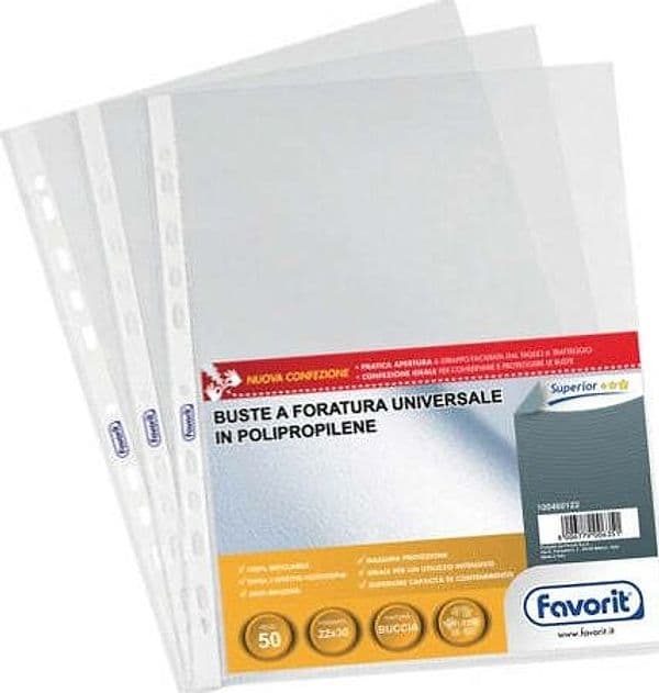 Buste forate Special PP - Superior - buccia - 22x30 cm - trasparente - Favorit - conf. 50 pezzi Cancelleria e prodotti per ufficio/Archivio ufficio e accessori per scrivania/Raccoglitori e accessori per raccoglitori/Buste a perforazione universale Eurocartuccia - Pavullo, Commerciovirtuoso.it