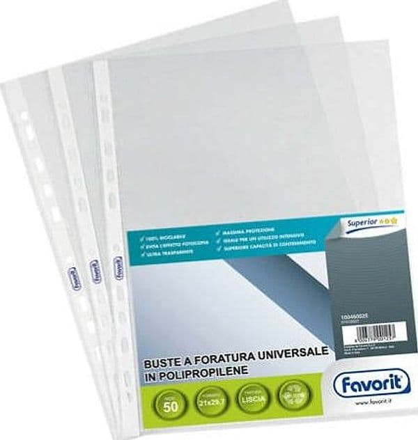Buste forate Special PP - Superior - liscio - 21x29 7 cm - trasparente - Favorit - conf. 50 pezzi Cancelleria e prodotti per ufficio/Archivio ufficio e accessori per scrivania/Raccoglitori e accessori per raccoglitori/Buste a perforazione universale Eurocartuccia - Pavullo, Commerciovirtuoso.it