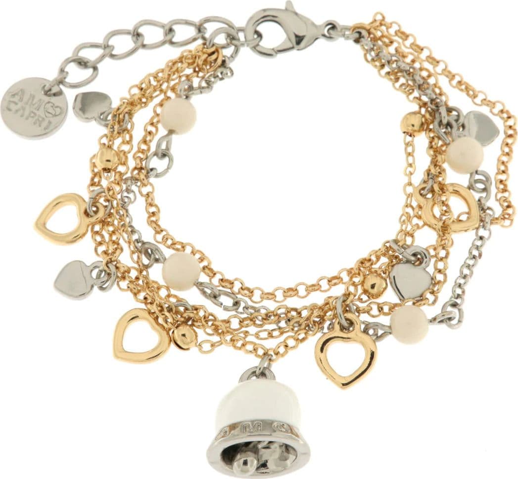 BySimon - Bracciale in Metallo con ciondoli a forma di cuore e campanella smaltata bianca
