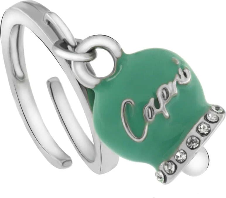 BYSIMON----Anello-in-Metallo-con-campanella-portafortuna-verde-acqua,-con-scritta-Capri-a-rilievo-e-cristalli-bianchi