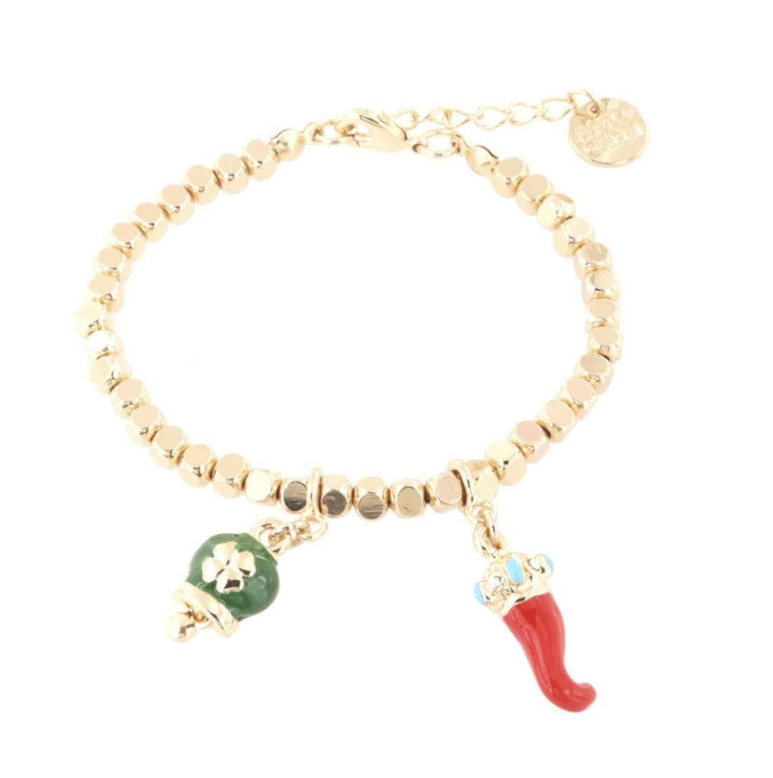 BYSIMON---Bracciale-in-Metallo-con-ciondoli-portafortuna,-campanella-smaltata-verde-e-corno-in-smalto-rosso