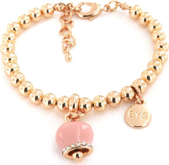 BYSIMON----Bracciale-in-Metallo-maglia-a-sfere,-con-campanella-portafortuna-smalto-rosa-e-cristalli