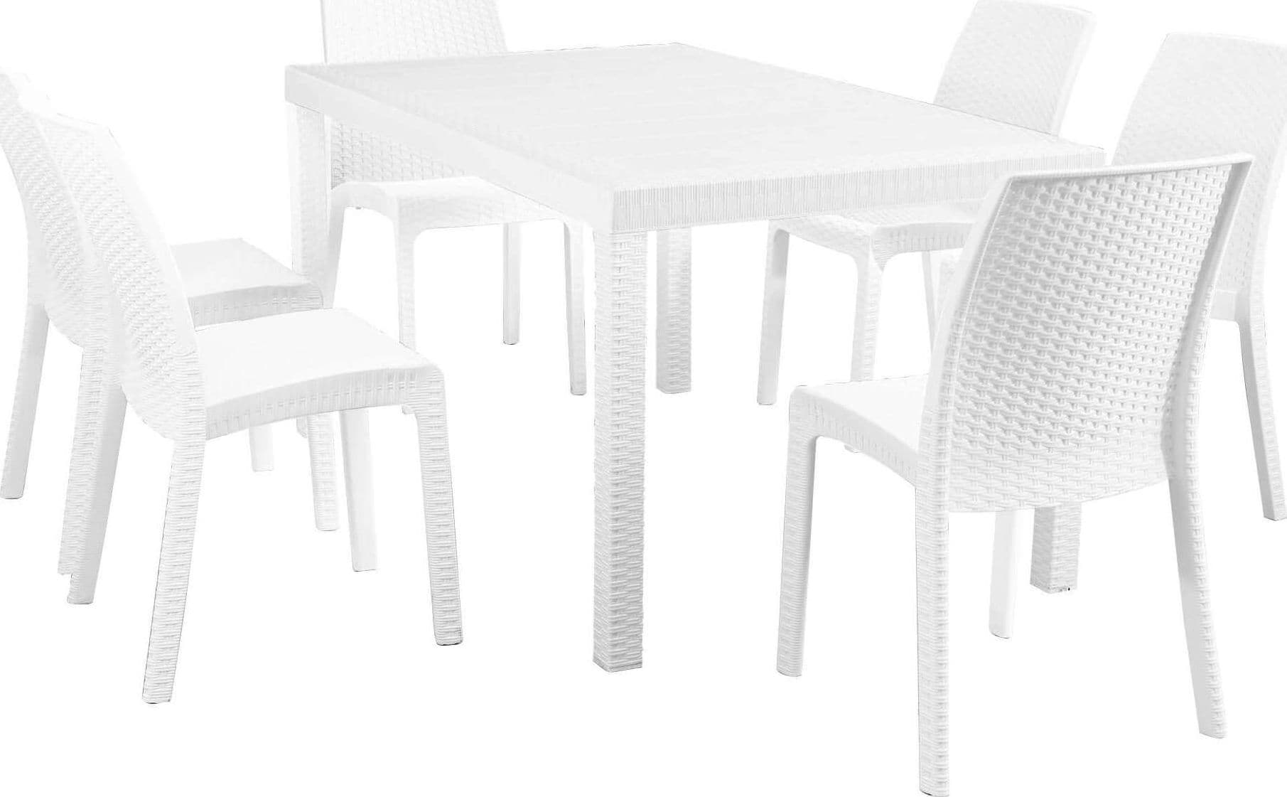 CALIGOLA - set tavolo fisso in wicker cm 150x90 compreso di 6 sedute Bianco