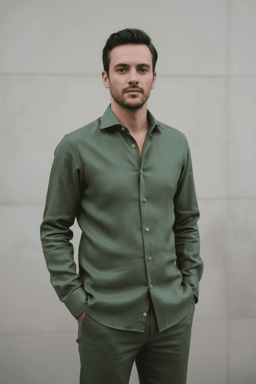 Camicia uomo Borriello - cotone/lino - verde in Camicie casual Couture - Sestu, commercioVirtuoso.it