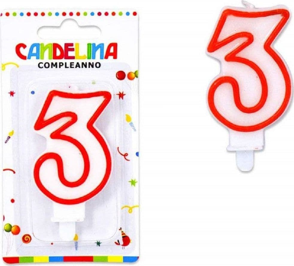 CANDELINA CANDELA NUMERO 3 COMPLEANNO BIANCA BORDO ROSSO CANDELINE TORTA PER FESTA