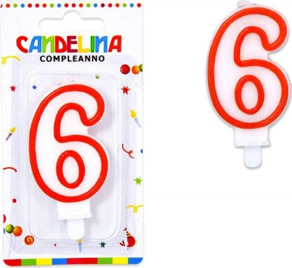 CANDELINA CANDELA NUMERO 6 COMPLEANNO BIANCA BORDO ROSSO CANDELINE TORTA PARTY