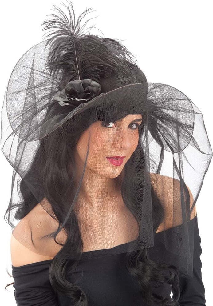 Cappello Vedova Nera Veletta Piume Rosa Cappello da Dama con Vela trasparente e Piume Rosa