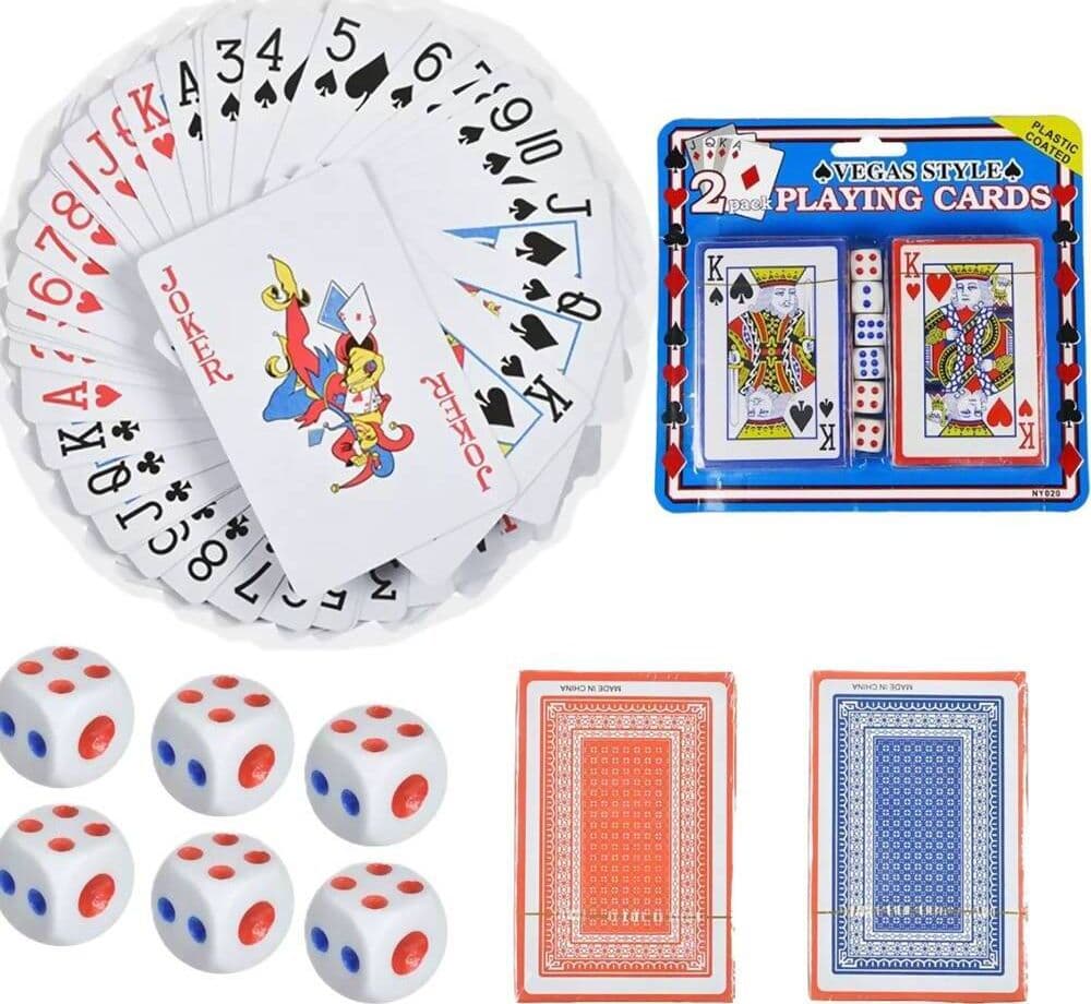 Carte-da-gioco-francesi-plastificate-per-poker-ramino-las-vegas-scala-40-mazzo-da-52-carte-e-2-matte-con-6-dadi