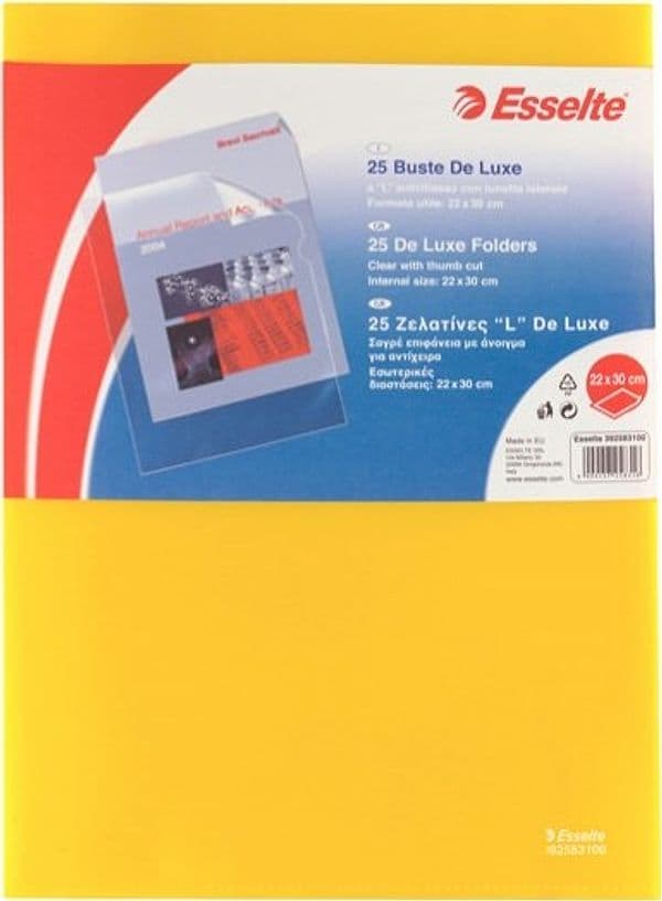 Cartelline a L De Luxe - PPL - buccia - 21 x 30 cm - giallo - Esselte - conf. 25 pezzi Cancelleria e prodotti per ufficio/Archivio ufficio e accessori per scrivania/Archivio ufficio/Cartelle/Cartelle portadocumenti Eurocartuccia - Pavullo, Commerciovirtuoso.it