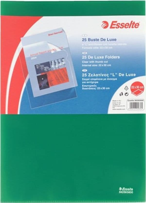 Cartelline a L De Luxe - PPL - buccia - 21 x 30 cm - verde - Esselte - conf. 25 pezzi Cancelleria e prodotti per ufficio/Archivio ufficio e accessori per scrivania/Archivio ufficio/Cartelle/Cartelle portadocumenti Eurocartuccia - Pavullo, Commerciovirtuoso.it