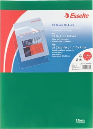 Cartelline a L De Luxe - PPL - buccia - 21 x 30 cm - verde - Esselte - conf. 25 pezzi Cancelleria e prodotti per ufficio/Archivio ufficio e accessori per scrivania/Archivio ufficio/Cartelle/Cartelle portadocumenti Eurocartuccia - Pavullo, Commerciovirtuoso.it