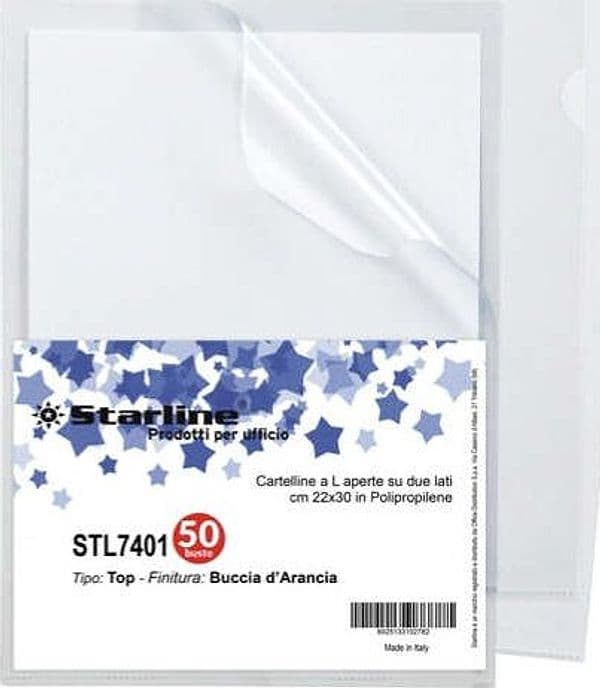 Cartelline a L Top - buccia - 22 x 30 cm - trasparente - Starline - conf. 50 pezzi Cancelleria e prodotti per ufficio/Archivio ufficio e accessori per scrivania/Archivio ufficio/Cartelle/Cartelle portadocumenti Eurocartuccia - Pavullo, Commerciovirtuoso.it