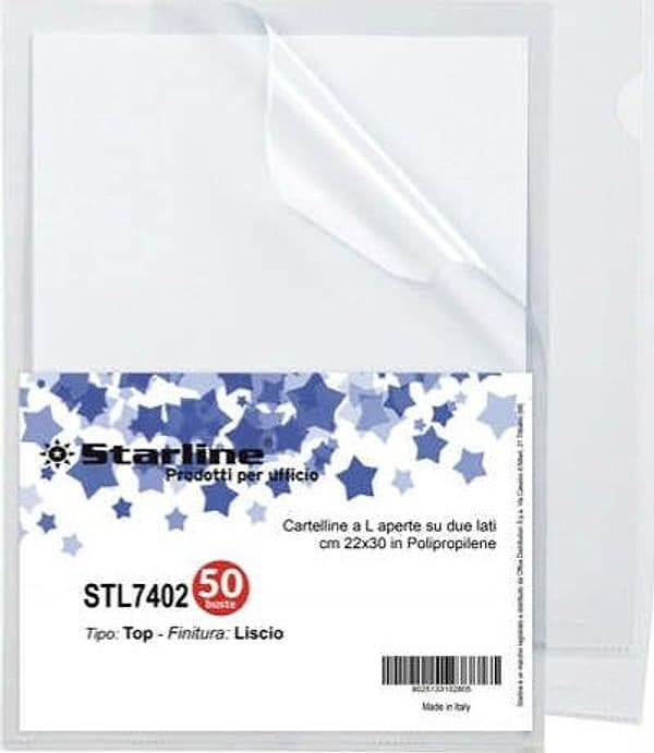 Cartelline a L Top - liscio - 22 x 30 cm - trasparente - Starline - conf. 50 pezzi Cancelleria e prodotti per ufficio/Archivio ufficio e accessori per scrivania/Archivio ufficio/Cartelle/Cartelle portadocumenti Eurocartuccia - Pavullo, Commerciovirtuoso.it