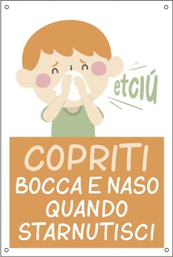 Cartello alluminio - 20x30 cm - ''COPRITI BOCCA E NASO QUANDO STARNUTISCI'' - per bambini - Cartelli Segnalatori Fai da te/Sicurezza e protezione/Attrezzature per sicurezza sul lavoro/Segnaletica antinfortunistica Eurocartuccia - Pavullo, Commerciovirtuoso.it