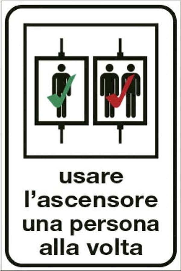 Cartello alluminio - ''Usare l'ascensore una persona alla volta'' - 12x18 cm - Cartelli Segnalatori Fai da te/Sicurezza e protezione/Attrezzature per sicurezza sul lavoro/Segnaletica antinfortunistica Eurocartuccia - Pavullo, Commerciovirtuoso.it