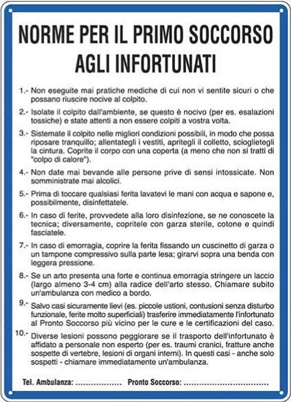 Cartello segnalatore - 33 3x47 cm - NORME DI PRIMO SOCCORSO AGLI INFORTUNATI - alluminio - Cartelli Segnalatori Fai da te/Sicurezza e protezione/Attrezzature per sicurezza sul lavoro/Segnaletica antinfortunistica Eurocartuccia - Pavullo, Commerciovirtuoso.it