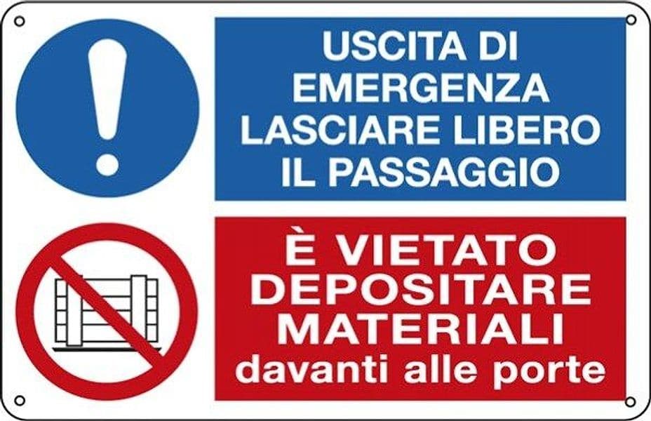 Cartello segnalatore multisimbolo - 30x20 cm - USCITA DI EMERGENZA -E' VIETATO DEPOSITARE - alluminio - Cartelli Segnalatori Fai da te/Sicurezza e protezione/Attrezzature per sicurezza sul lavoro/Segnaletica antinfortunistica Eurocartuccia - Pavullo, Commerciovirtuoso.it