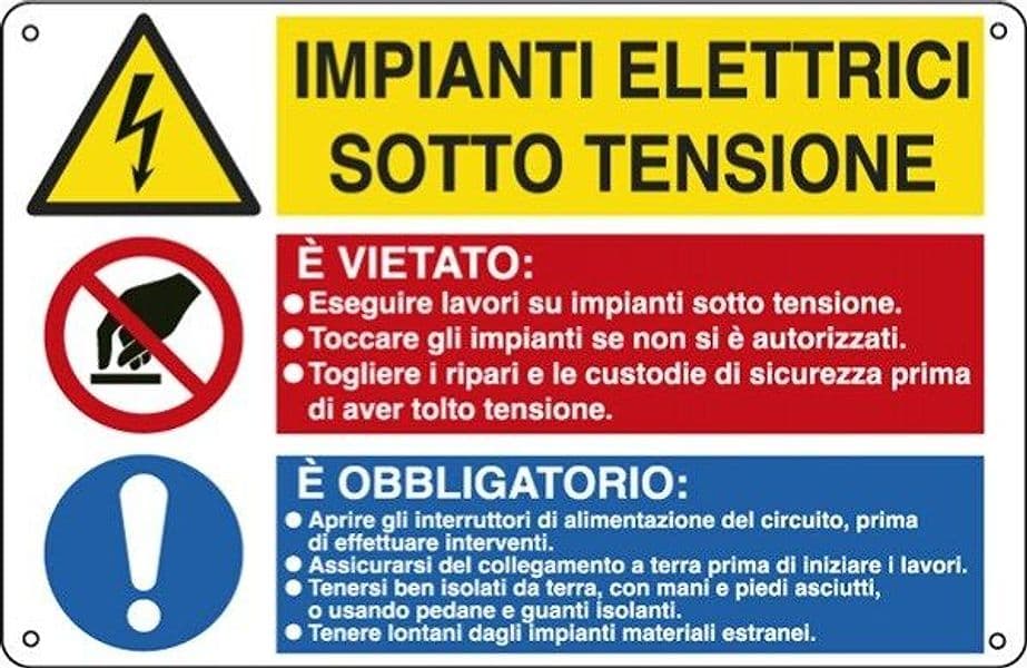 Cartello segnalatore multisimbolo - 50x33 3 cm - IMPIANTI ELETTRICI SOTTO TENSIONE-E' VIETATO -E' OBBLIGATORIO - alluminio - Cartelli Segnalatori Fai da te/Sicurezza e protezione/Attrezzature per sicurezza sul lavoro/Segnaletica antinfortunistica Eurocartuccia - Pavullo, Commerciovirtuoso.it