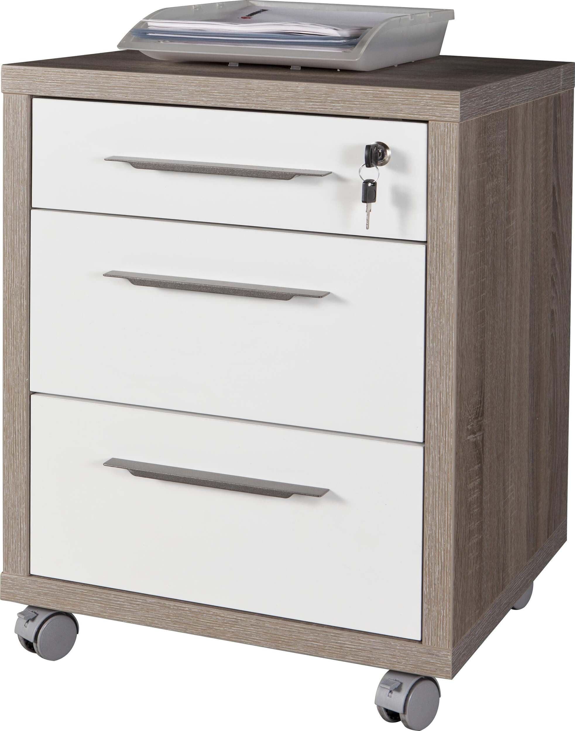 Cassettiera 3 Cassetti Rovere / Bianca Cassettiera Con Ruote 45x48,5x63h Cm Casa e cucina/Organizzazione interni/Porta oggetti cassetti e scaffali/Cassettiere Ferus - Montoro, Commerciovirtuoso.it