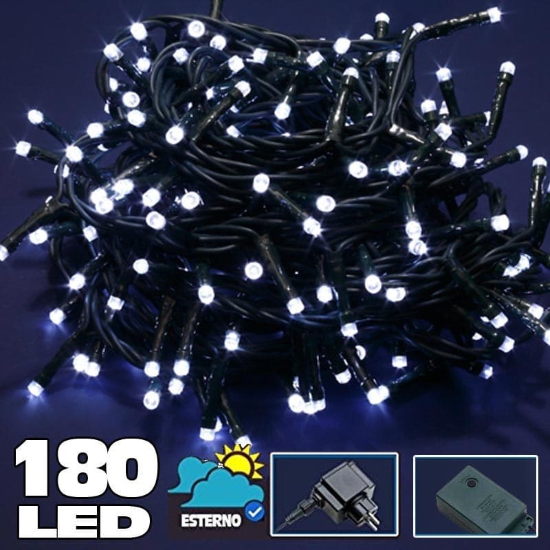 Catena-Luminosa-180-Led-Luci-Bianco-Freddo-Per-Esterno-Controller-8-Funzioni-24v