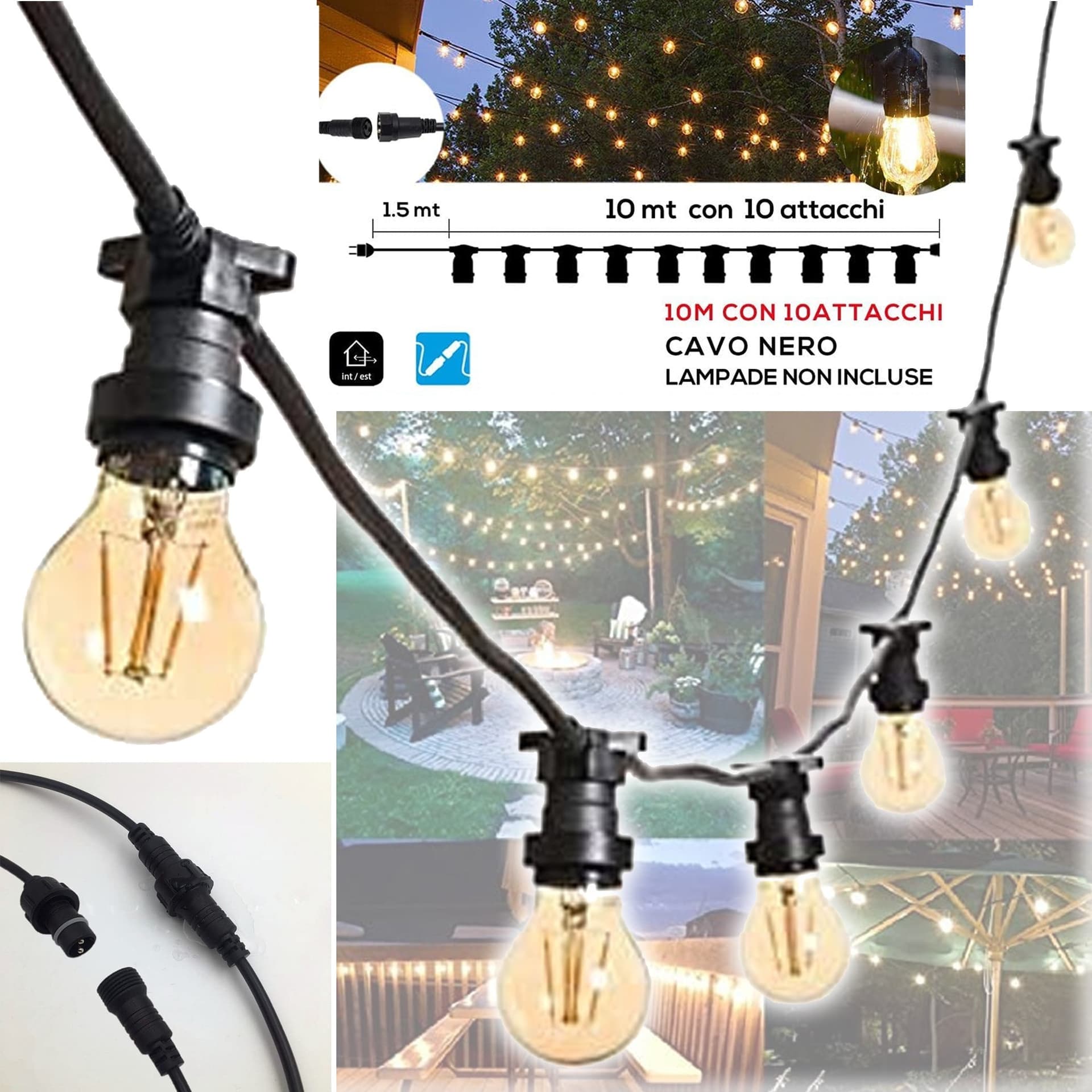Catena-Luminosa-Led-Catenaria-Con-10-Portalampade-E27-10mt-Prolungabile-Ip54