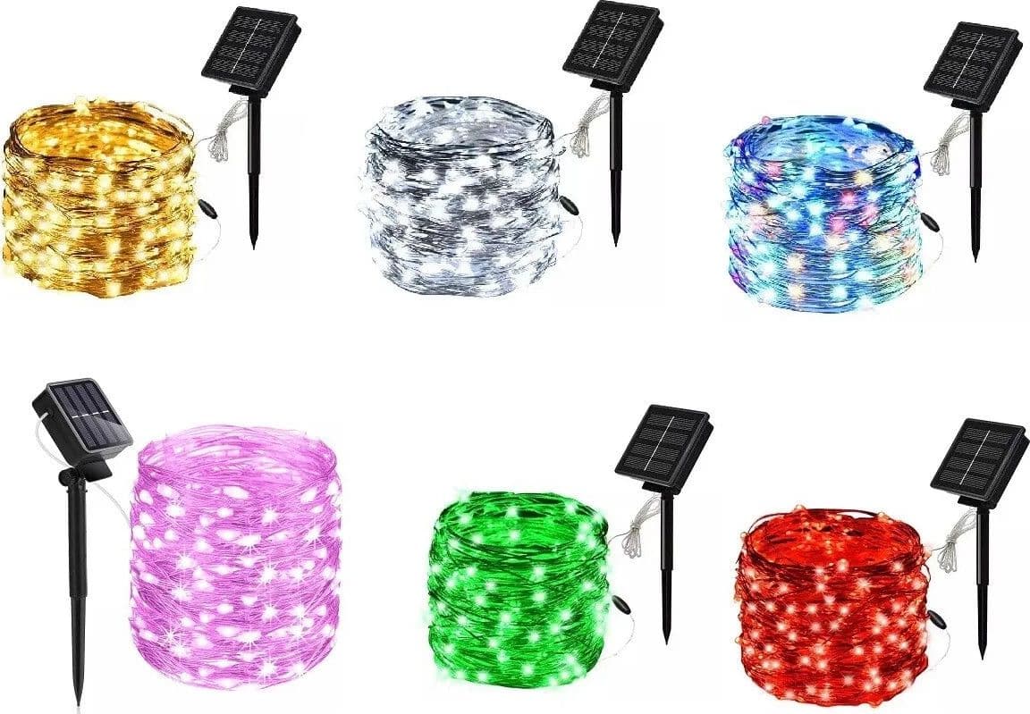 CATENA-LUMINOSA-NATALE-10-mt-100-LED-FILO-RAME-PANNELLO-SOLARE-Picchetto-8-giochi