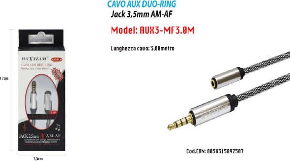 CAVO AUDIO JACK 3,5MM MASCHIO A FEMMINA AM/AF 3MT PROLUNGA AUX CUFFIE MAXTECH AUX3-MF3.0M