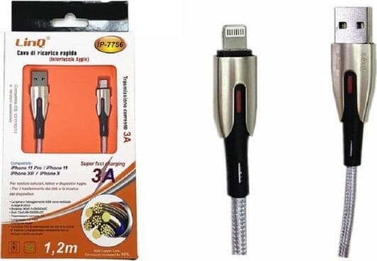 CAVO DI RICARICA RAPIDA 3A USB INTERFACCIA LIGHTNING IPHONE IOS 1.2 MT IP-7756