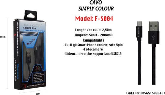 CAVO USB ANDROID 5PIN 2.50 MT 5V-2100MA PER SMARTPHONE FOTOCAMERE MAXTECH F-S004 NERO
