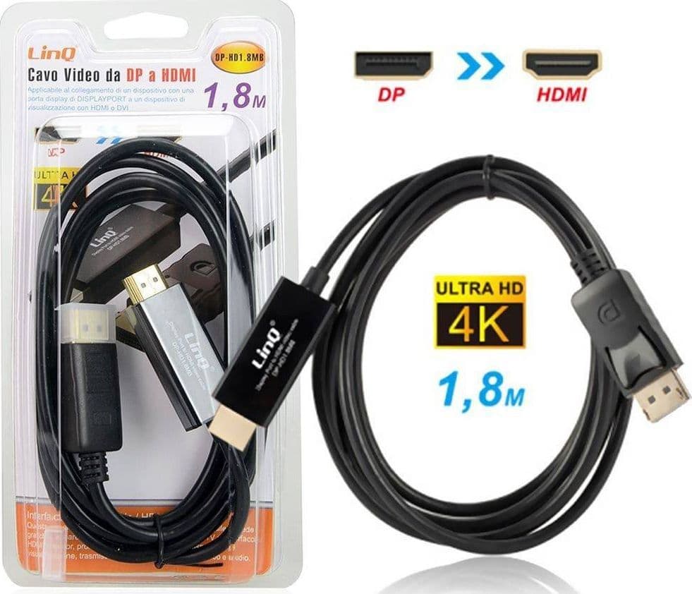 CAVO VIDEO CONVERTITORE DA DISPLAYPORT DP A HDMI 1.8 MT ULTRA HD 4K DP-HD1.8M