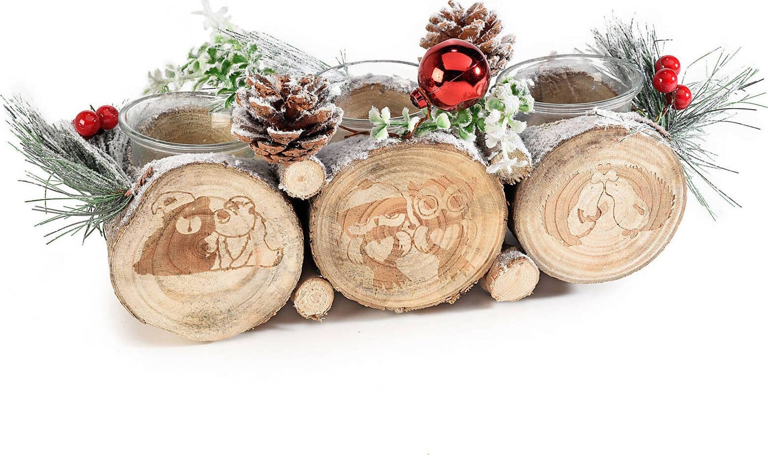 Centrotavola Natalizio Innevato C/3 Portacandele In Vetro Composto Da Tronchi Di Legno E Pigne Con Decorazioni
