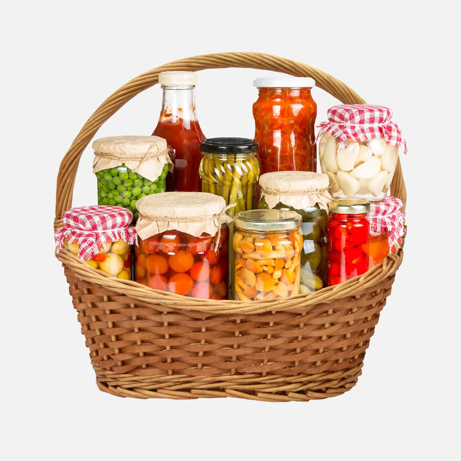 Cesti regalo con conserve vasetti e cibi in scatola