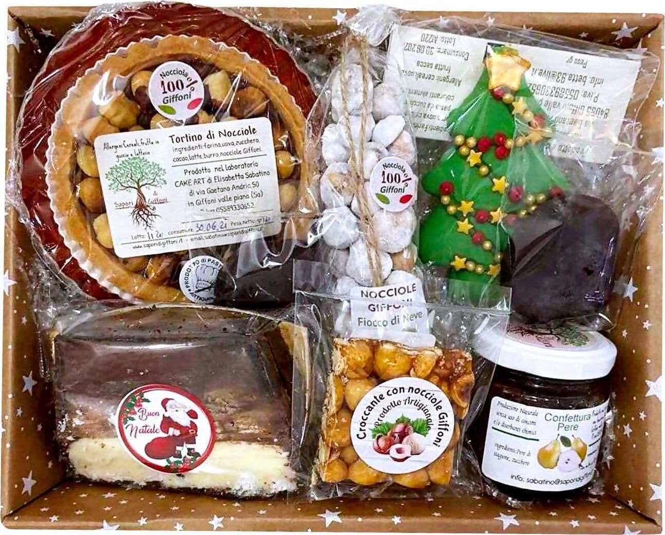 Cesto Natalizio Prodotti dipici Campani 1 tortino alle nocciole gr.140 + 1 Busta di Nocciole fiocco di neve, gr.80 +1 Biscotto Decorato +1 Croccante alle nocciole gr.35 + 1 Torrone morbido marron glacè +1 Torrone fondente, gr.25 +1 Confettura Omaggio in Cesti regalo con pane e prodotti da forno Betta Cake Art - Giffoni Valle Piana, commercioVirtuoso.it