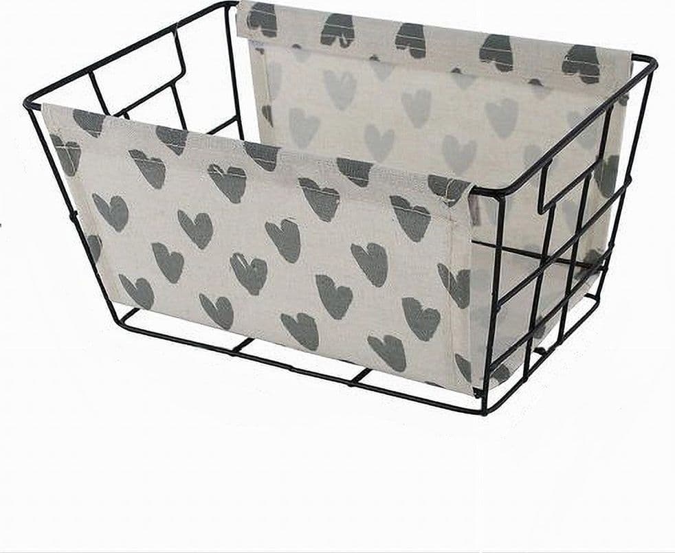 CESTO PORTA OGGETTI IN FERRO TESSUTO STAMPA CUORI GRIGI MANICI 30X20X15 CM 10619 in Cestini da scaffale Trade Shop italia - Napoli, commercioVirtuoso.it