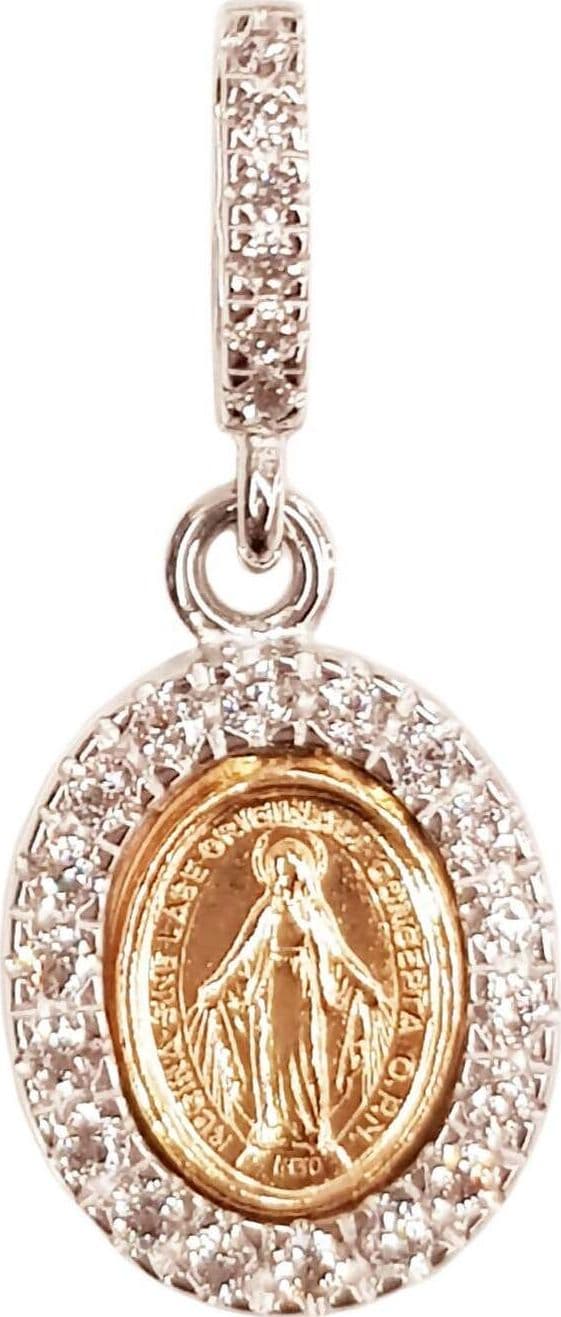 Ciondolo Donna per Collana Madonna Miracolosa Pendente in Oro Giallo E Bianco 750/1000 Medaglia Gioiello per Collana Pietre Bianche Taglio Diamante Brillantini
