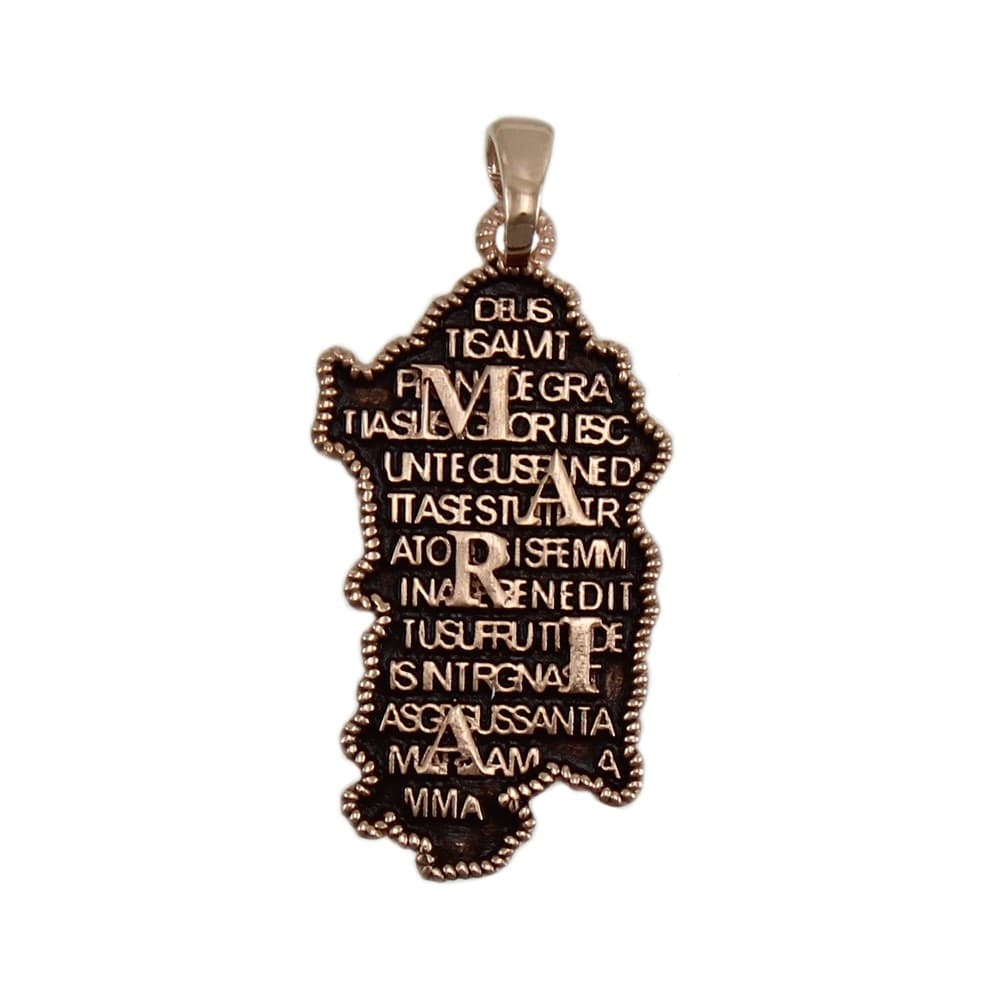 Pendente Sardegna in argento brunito e rosa con preghiera Ave Maria in sardo in rilievo in Ciondoli Gioielleria Saba - Dolianova, commercioVirtuoso.it