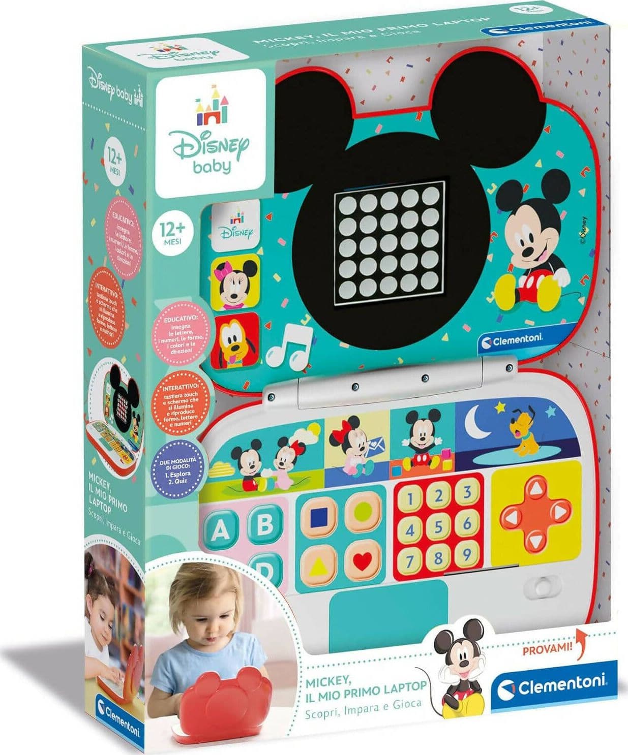 Clementoni- Disney Baby Mickey-Il Mio Primo Laptop, Centro Computer Educativo Elettronico, Portatile, attività per Apprendimento Lettere & Numeri, Bambini dai 9 Mesi, Colore Italiano, 17834