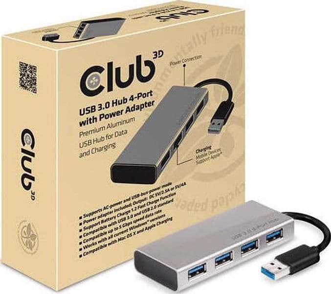 CLUB3D-Adattatore-Usb-Type-A-3.1-Gen1-TO-4-X-Usb-Type-A-3.0-in-Alluminio-con-Alimentazione
